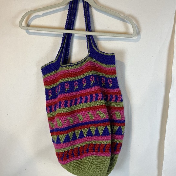 Hand Crocheted Purse Shoulder Bag Purple Pink Green Red Lined Well Made Boho - Picture 5 of 11